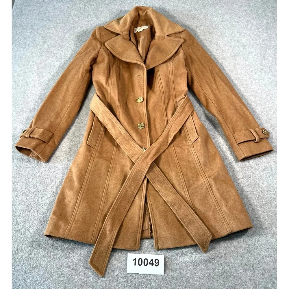 Michael Kors Trench Coat Women's XS Brown Waist Belted Notch Lapel Long Sleeve